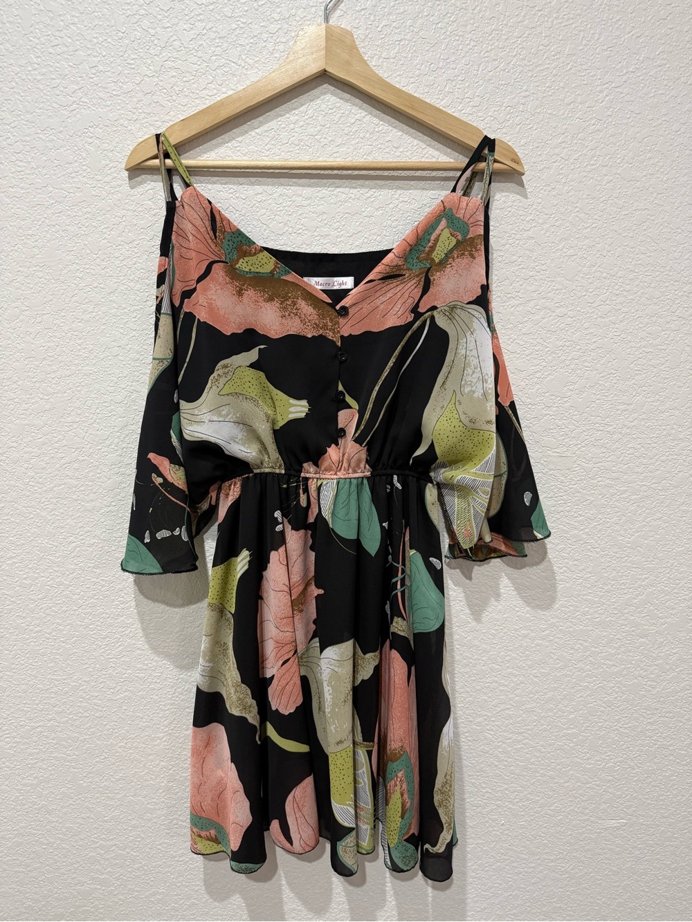 Black Cold-Shoulder Floral Mini Dress with Pink & Green Print